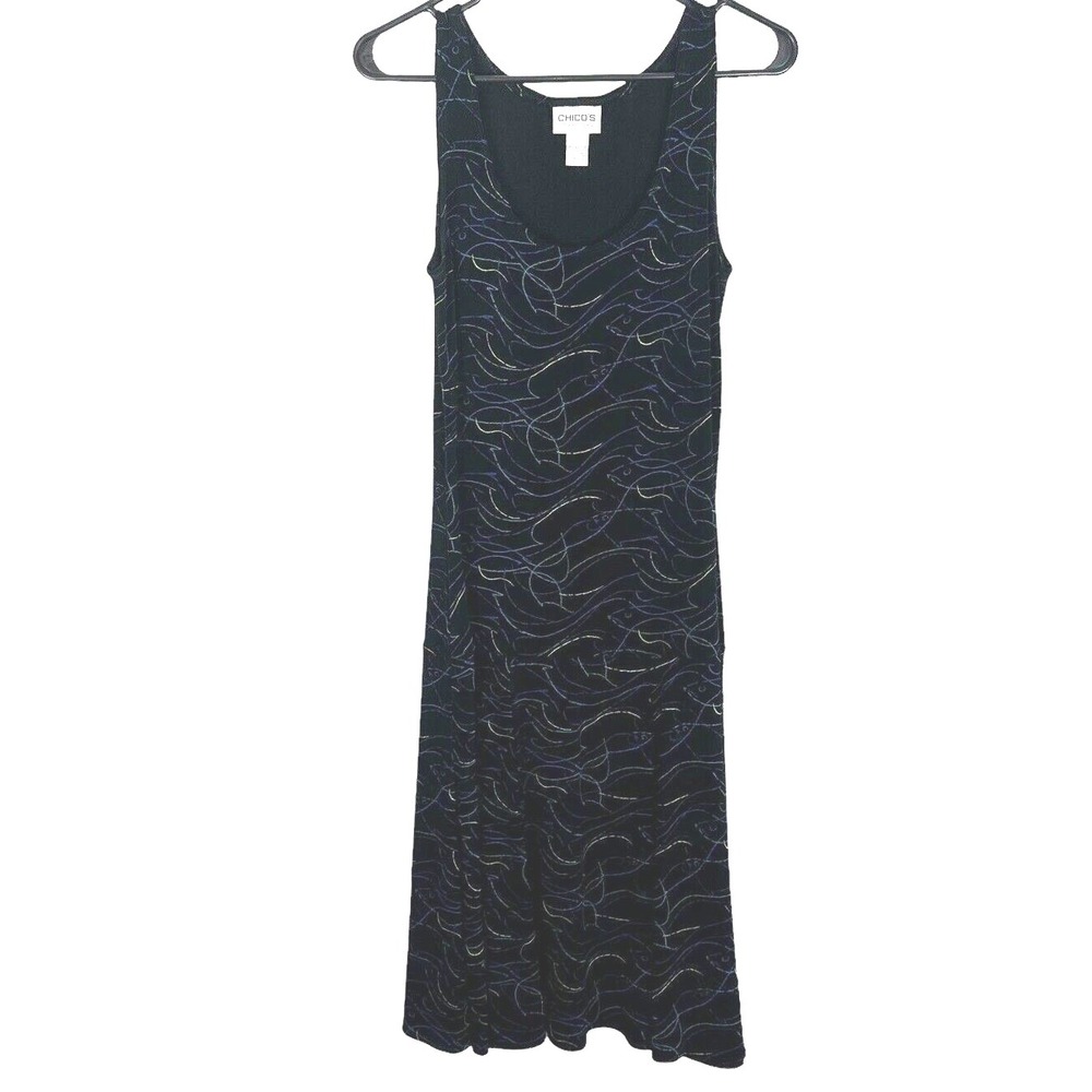 Chico's Travelers Long Knit Dress Size XS Multicolor Fish Black Drop Waist Black